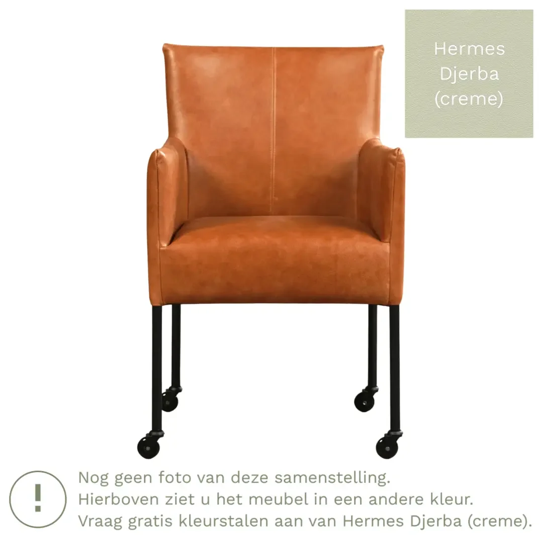 afbeelding van Leren eetkamerstoel Desire - Hermes Djerba (crème) - Poten staal rond RVS