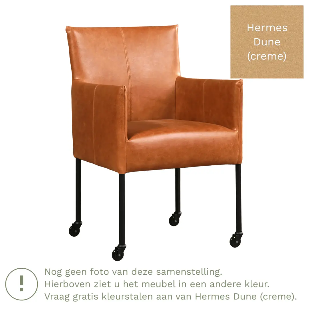 afbeelding van Leren eetkamerstoel Desire - Hermes Dune (crème) - Poten staal rond zwart