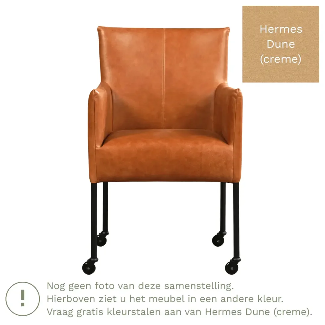afbeelding van Leren eetkamerstoel Desire - Hermes Dune (crème) - Poten staal rond zwart