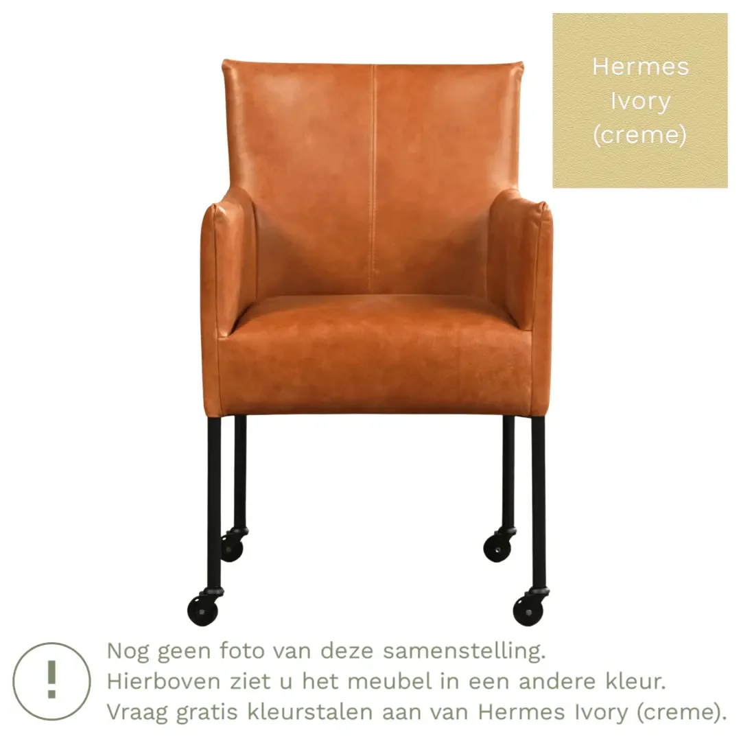 afbeelding van Leren eetkamerstoel Desire - Hermes Ivory (crème) - Poten staal rond RVS