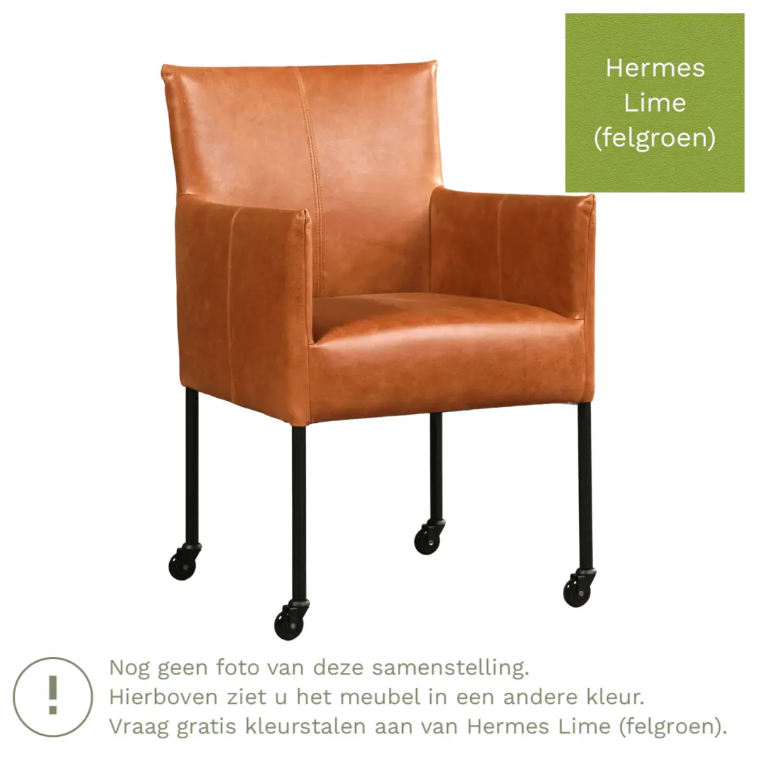 afbeelding van Leren eetkamerstoel Desire - Hermes Lime (felgroen) - Poten staal rond RVS