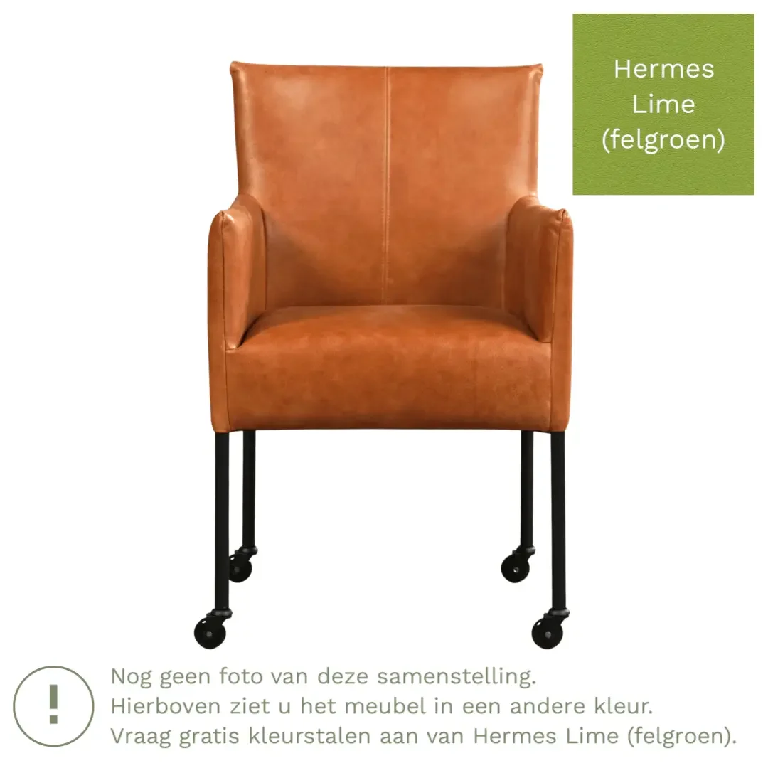 afbeelding van Leren eetkamerstoel Desire - Hermes Lime (felgroen) - Poten staal rond RVS
