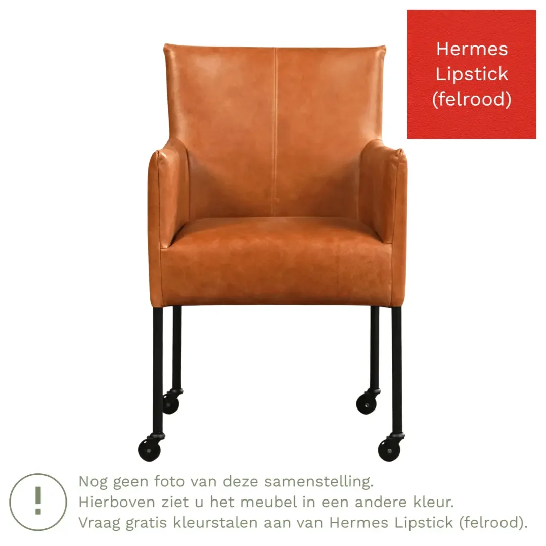 afbeelding van Leren eetkamerstoel Desire - Hermes Lipstick (felrood) - Poten staal rond RVS