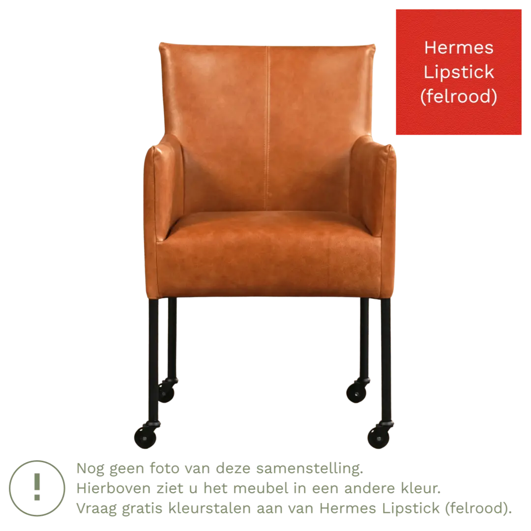 afbeelding van Leren eetkamerstoel Desire - Hermes Lipstick (felrood) - Poten staal rond zwart