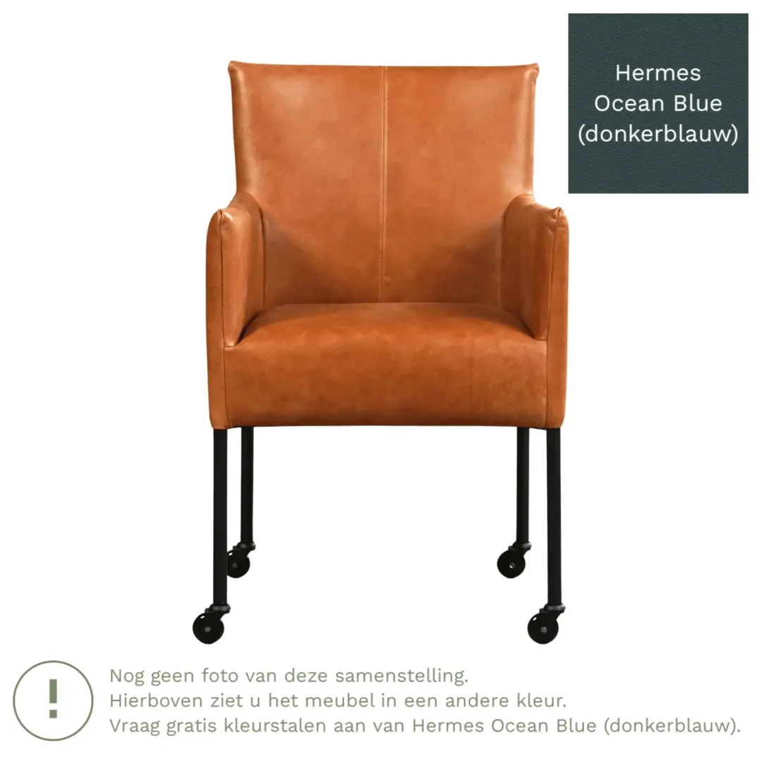 afbeelding van Leren eetkamerstoel Desire - Hermes Ocean Blue (donkerblauw) - Poten staal rond zwart