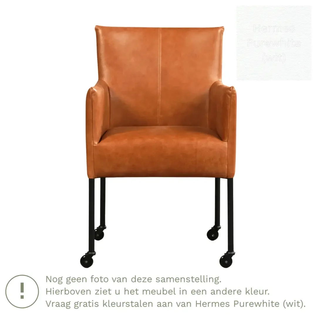 afbeelding van Leren eetkamerstoel Desire - Hermes Purewhite (wit) - Poten staal rond RVS