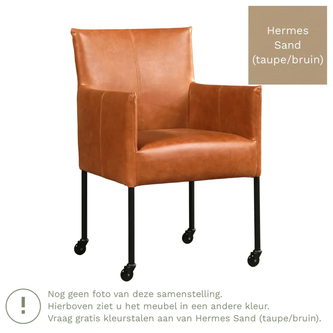 afbeelding van Leren eetkamerstoel Desire - Hermes Sand (taupe/bruin) - Poten staal rond RVS