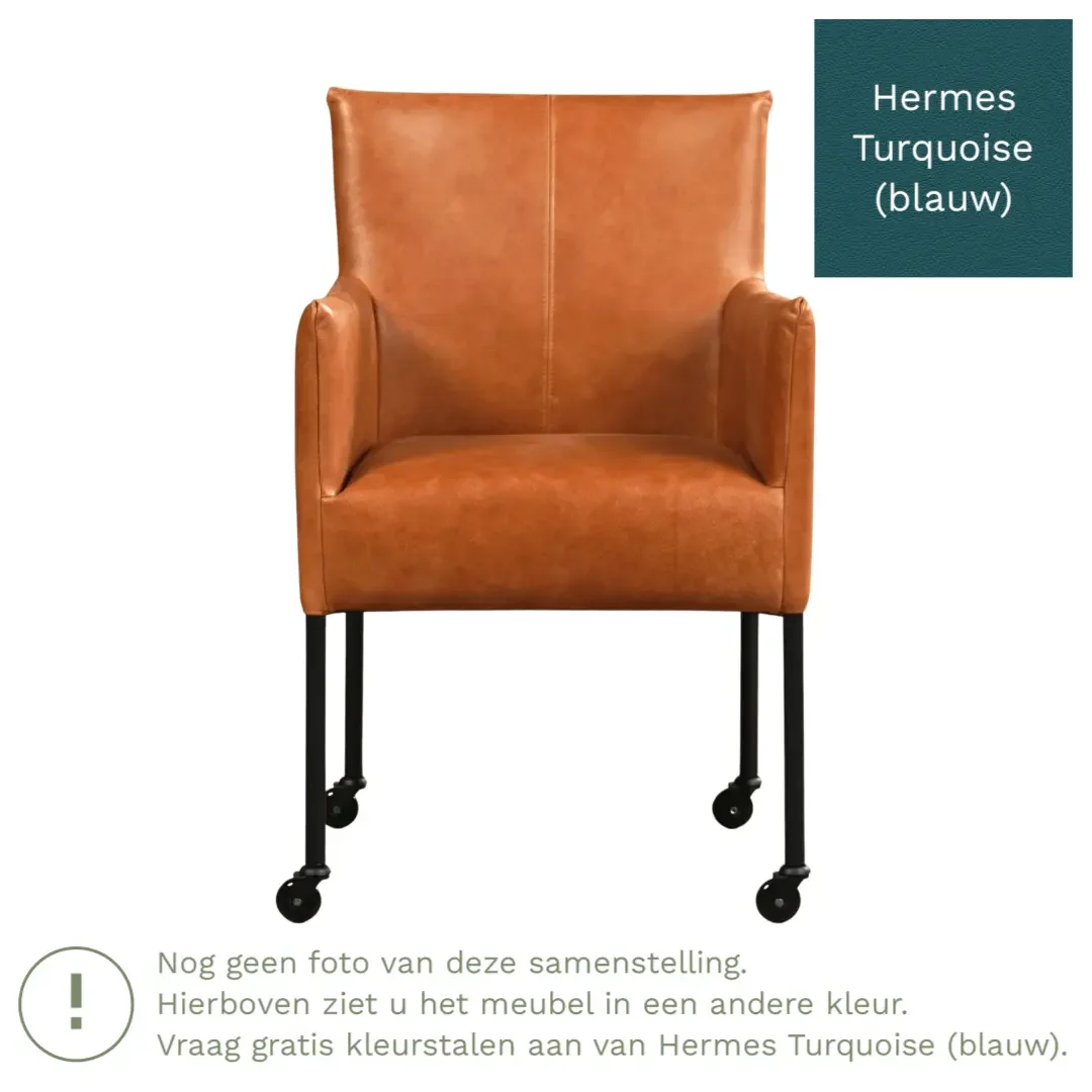 afbeelding van Leren eetkamerstoel Desire - Hermes Turquoise (blauw) - Poten staal rond zwart