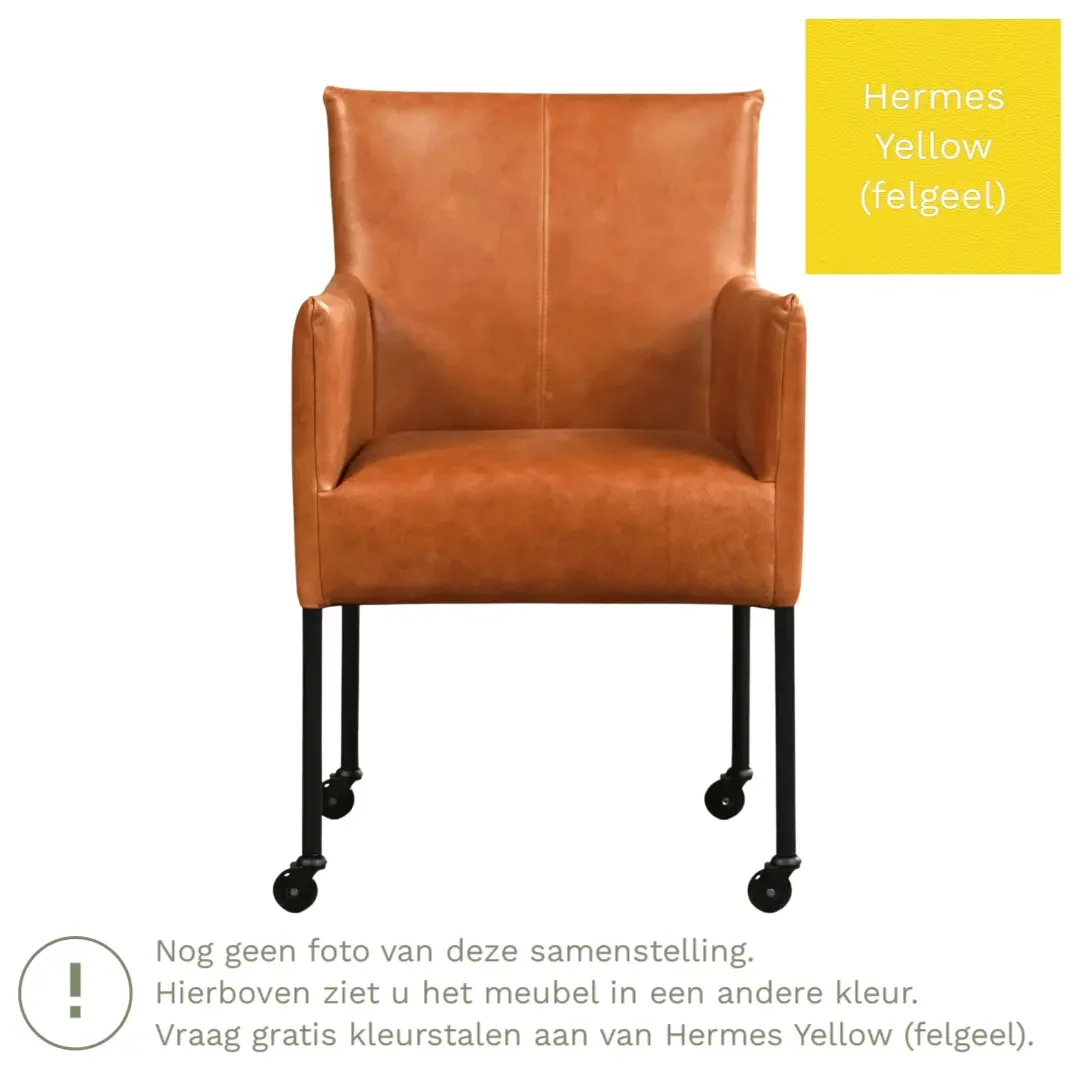 afbeelding van Leren eetkamerstoel Desire - Hermes Yellow (felgeel) - Poten staal rond RVS