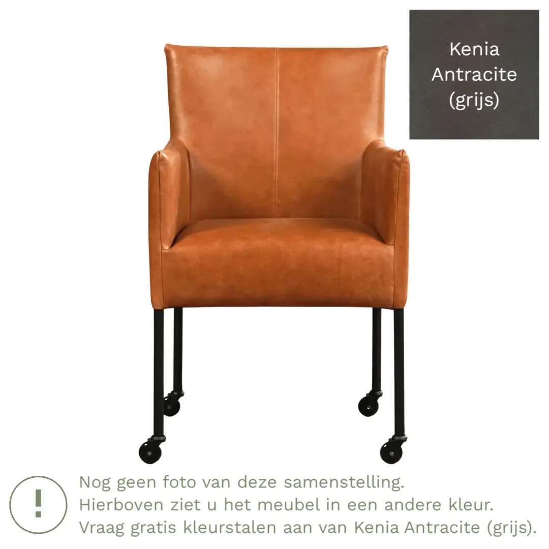 afbeelding van Leren eetkamerstoel Desire - Kenia Antracite (grijs) - Poten staal rond zwart