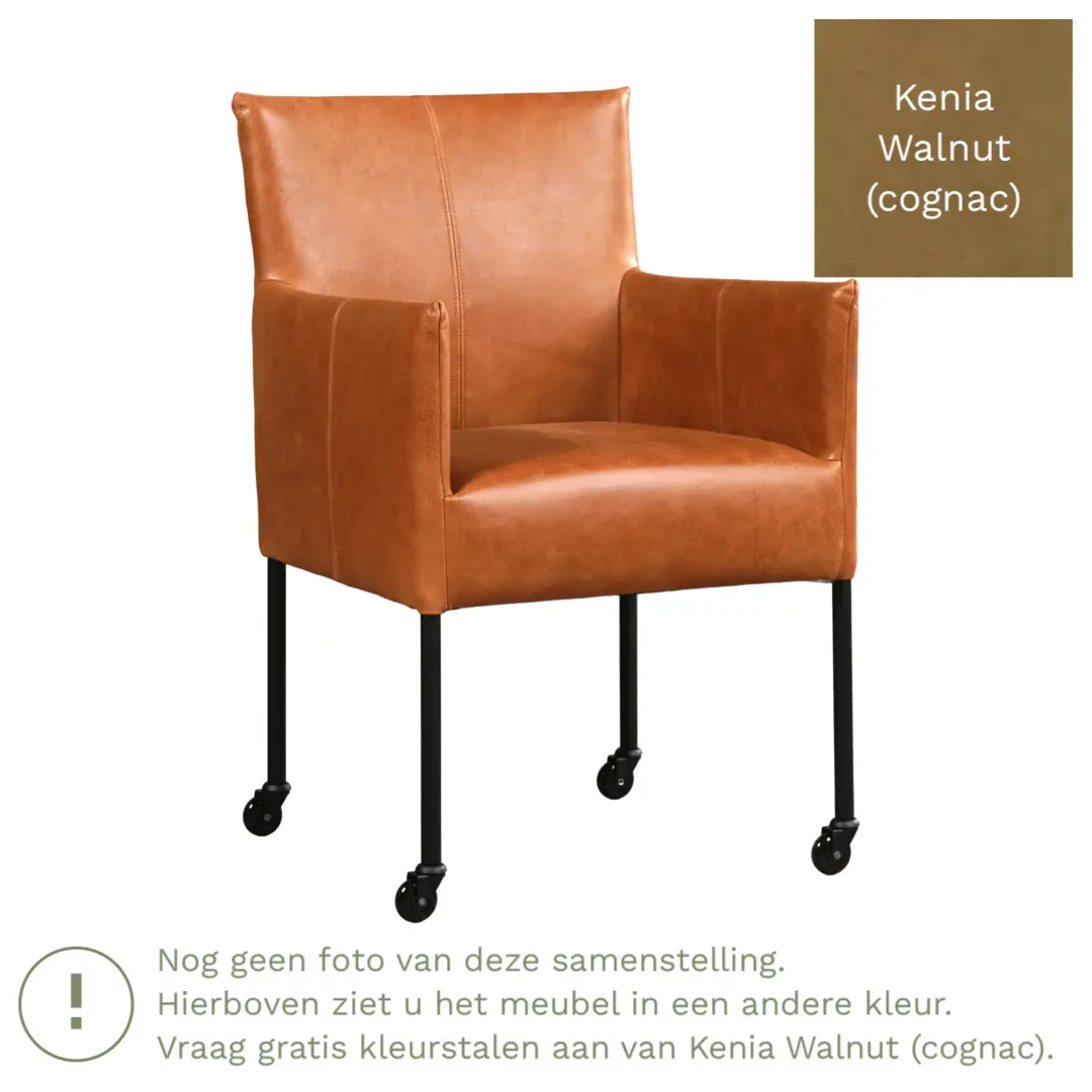 afbeelding van Leren eetkamerstoel Desire - Kenia Walnut (cognac) - Poten staal rond RVS
