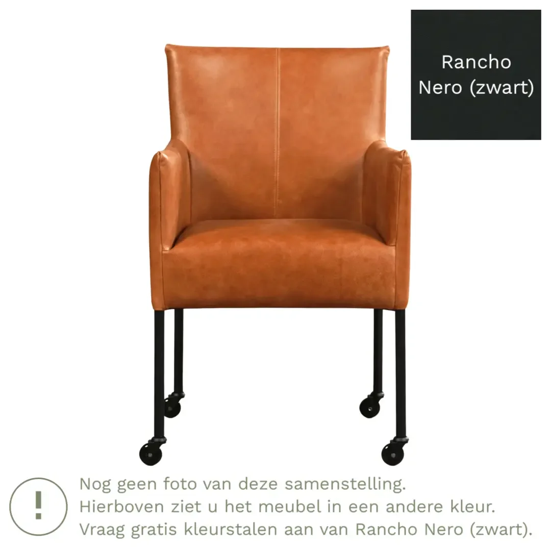 afbeelding van Leren eetkamerstoel Desire - Rancho Nero (zwart) - Poten staal rond RVS