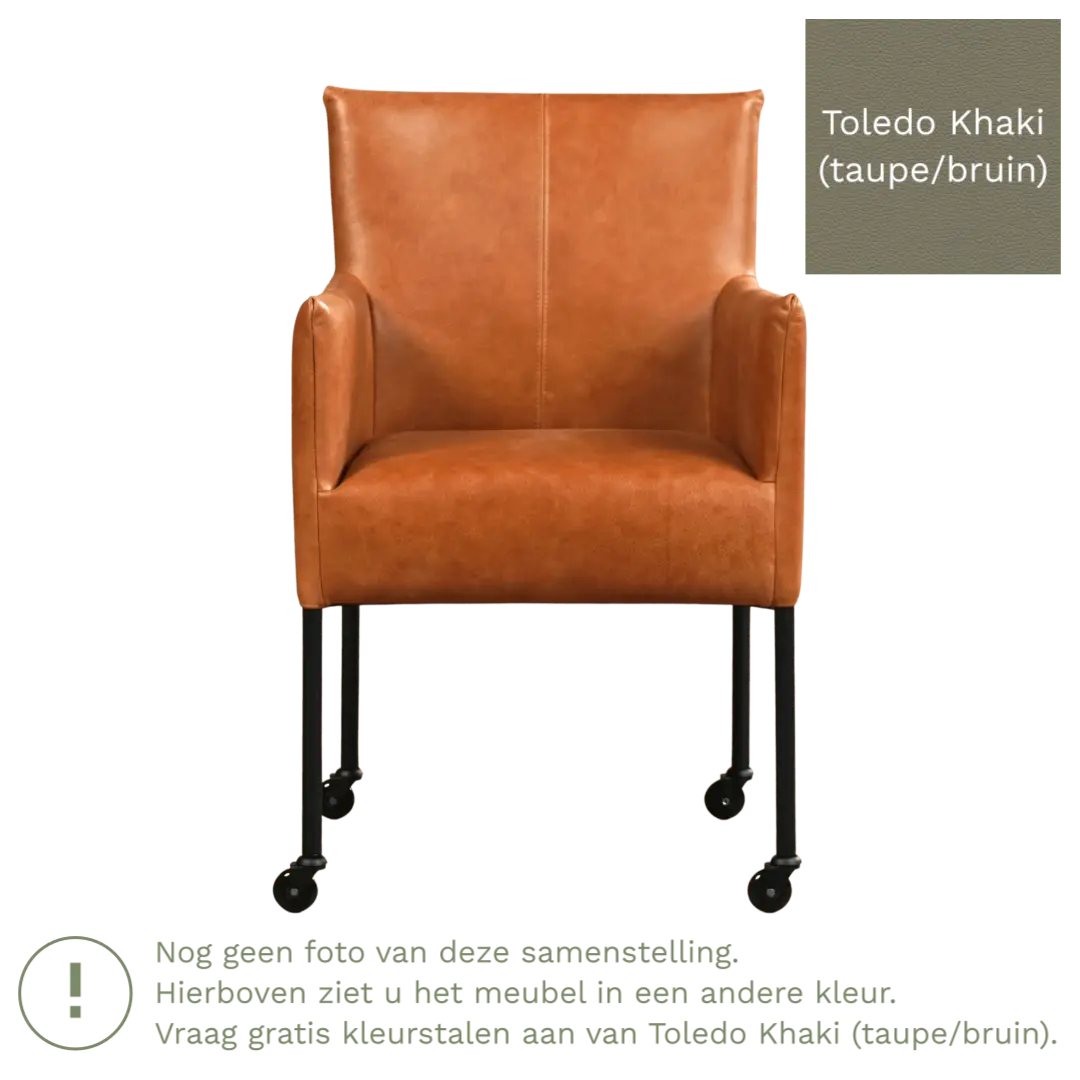 afbeelding van Leren eetkamerstoel Desire - Toledo Khaki (taupe/bruin) - Poten staal rond zwart