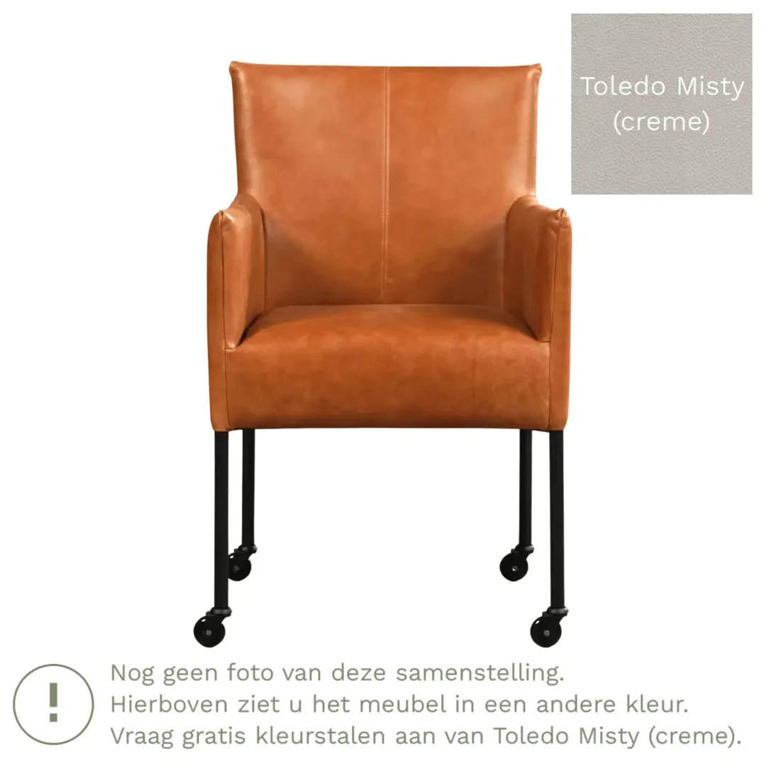 afbeelding van Leren eetkamerstoel Desire - Toledo Misty (crème) - Poten staal rond RVS