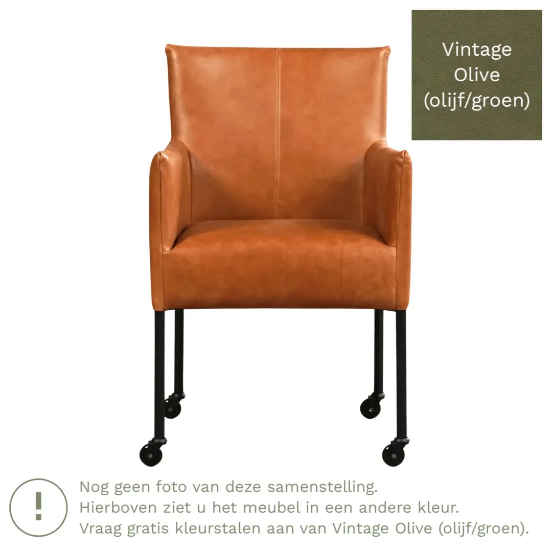 afbeelding van Leren eetkamerstoel Desire - Vintage Olive (olijf/groen) - Poten staal rond RVS
