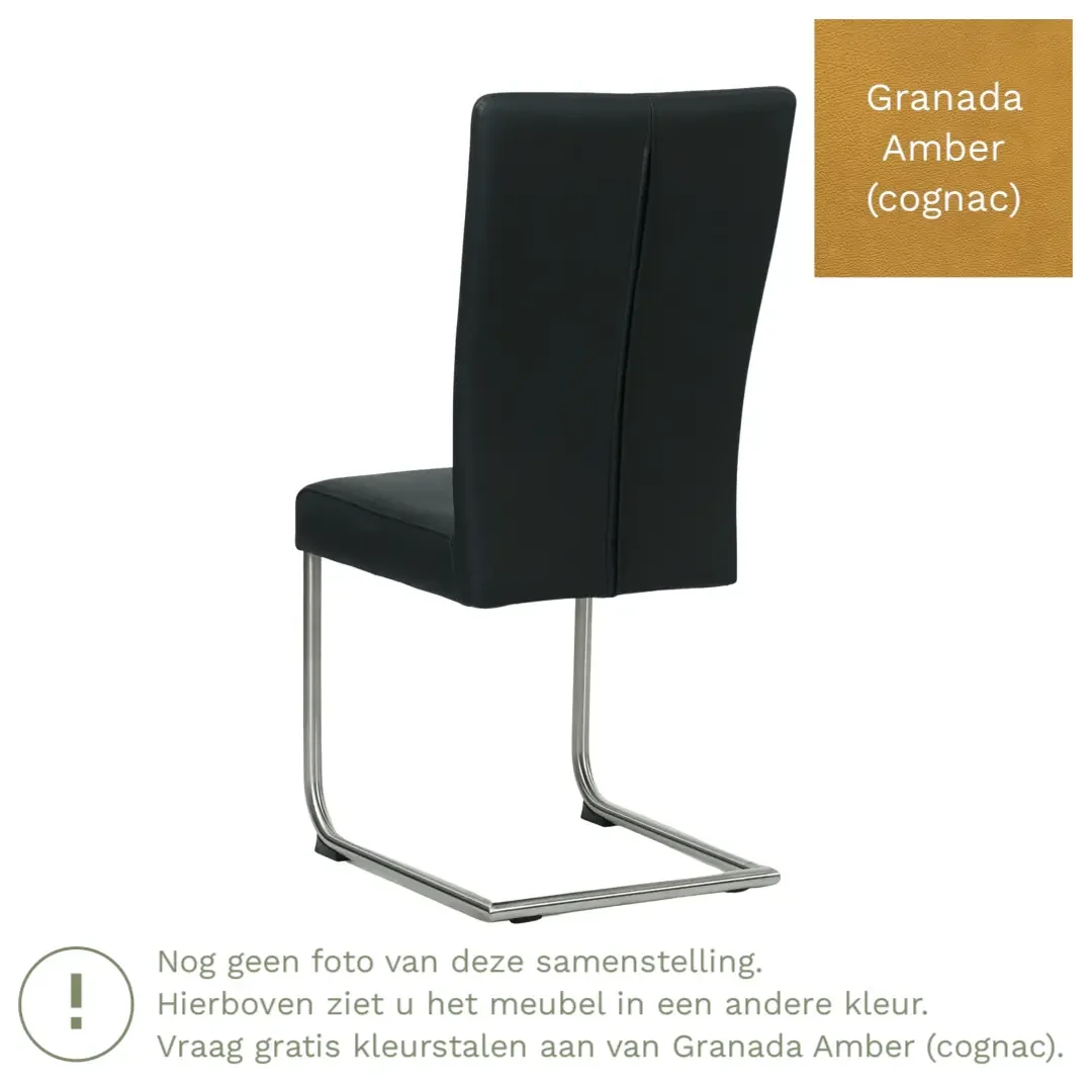 afbeelding van Leren eetkamerstoel Dry - Granada Amber (cognac) - Sledepoot staal rond zwart