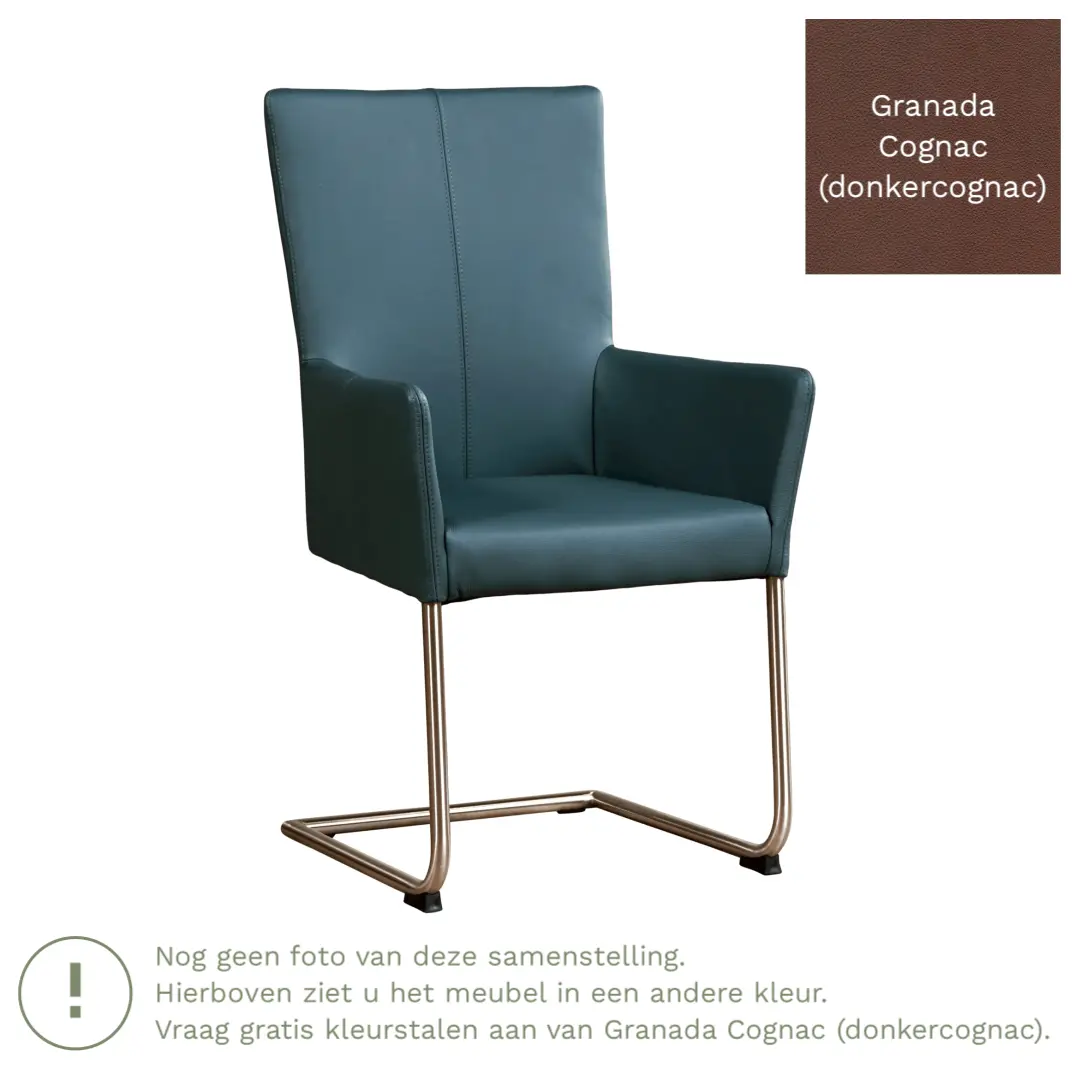 afbeelding van Leren eetkamerstoel Dry met armleuning - Granada Cognac (donkercognac) - Sledepoot staal rond RVS