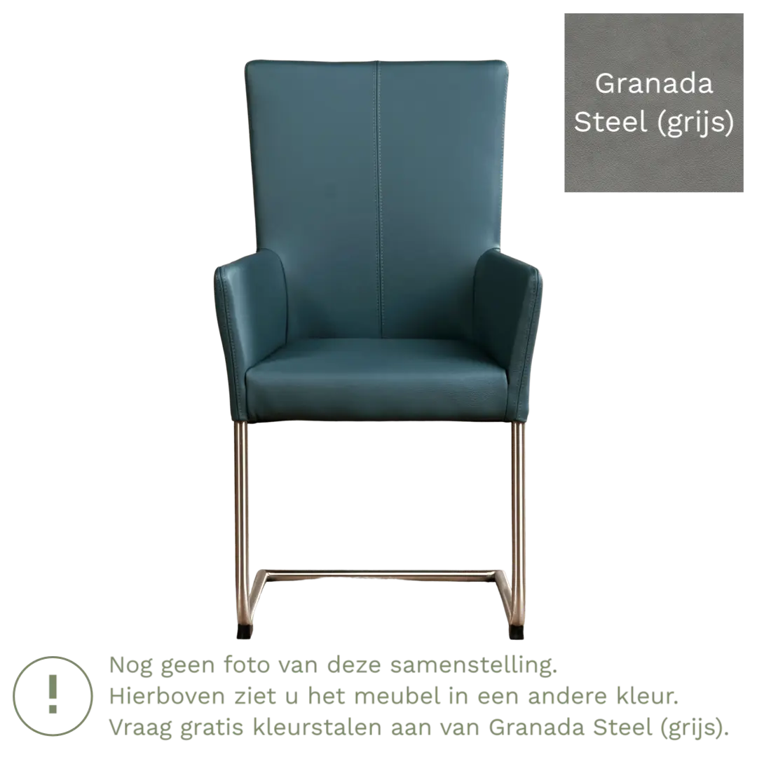 afbeelding van Leren eetkamerstoel Dry met armleuning - Granada Steel (grijs) - Sledepoot staal rond RVS