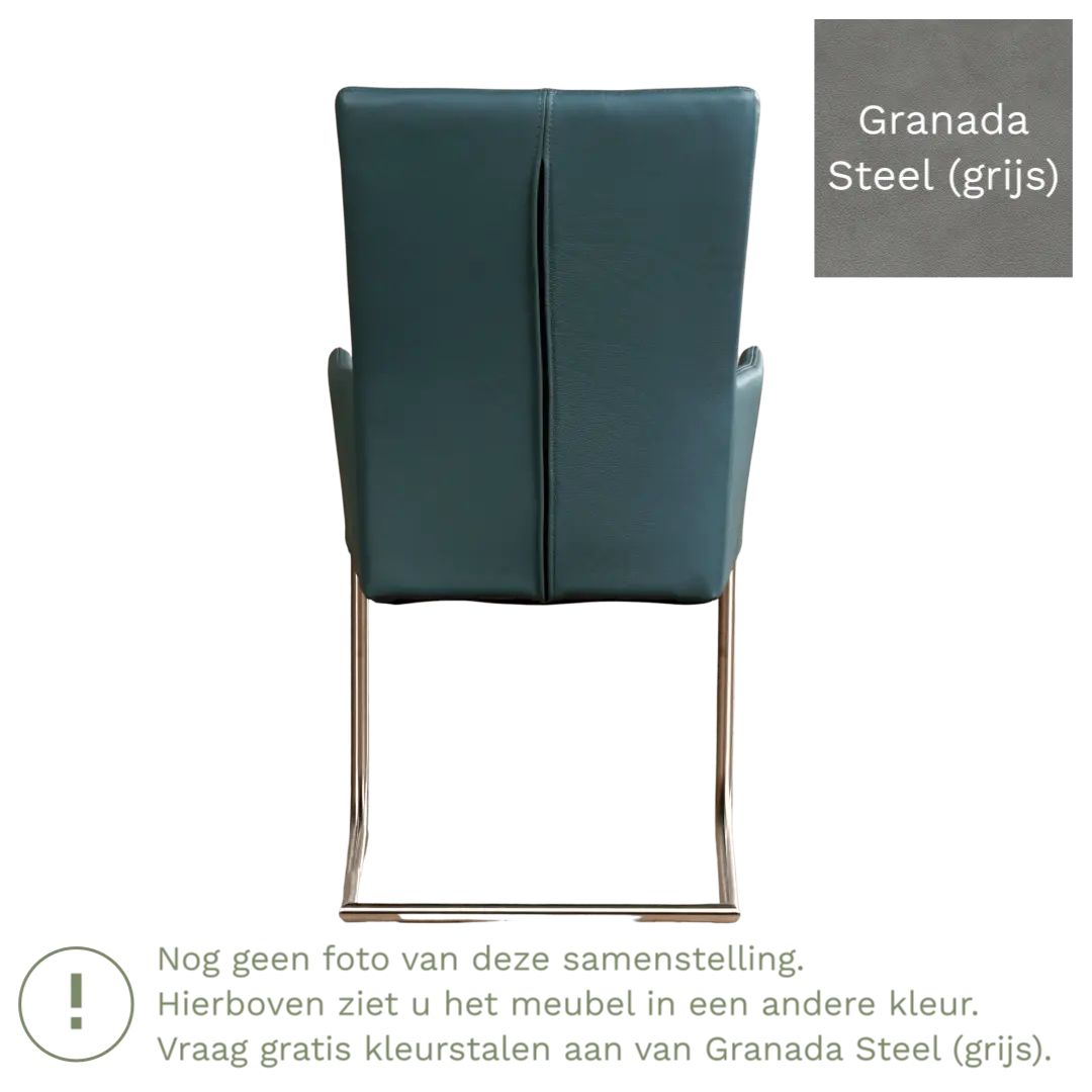 afbeelding van Leren eetkamerstoel Dry met armleuning - Granada Steel (grijs) - Sledepoot staal rond RVS