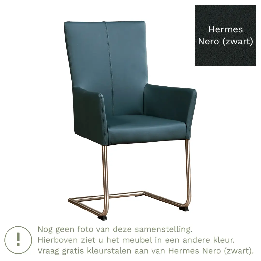 afbeelding van Leren eetkamerstoel Dry met armleuning - Hermes Nero (zwart) - Sledepoot staal rond zwart