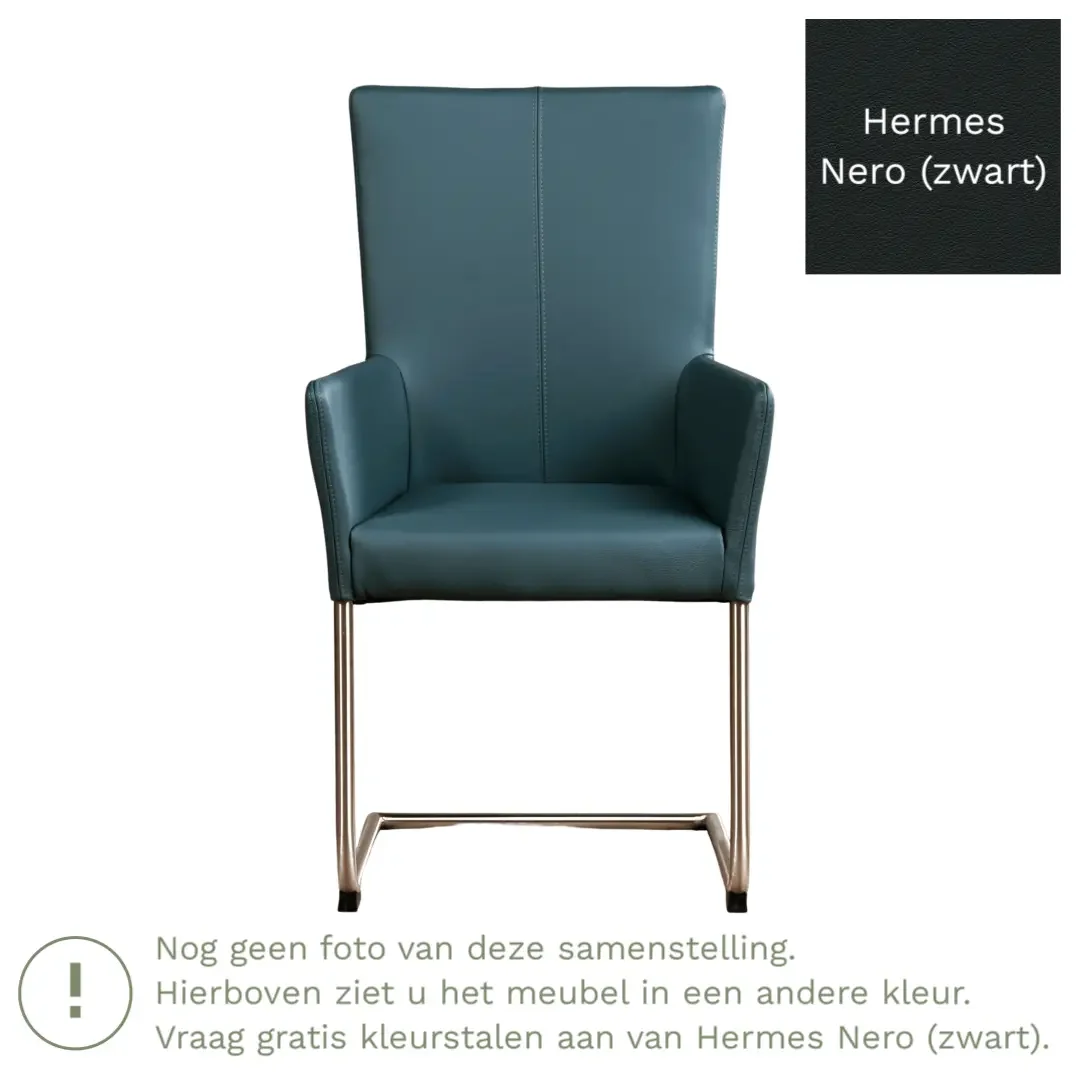 afbeelding van Leren eetkamerstoel Dry met armleuning - Hermes Nero (zwart) - Sledepoot staal rond zwart