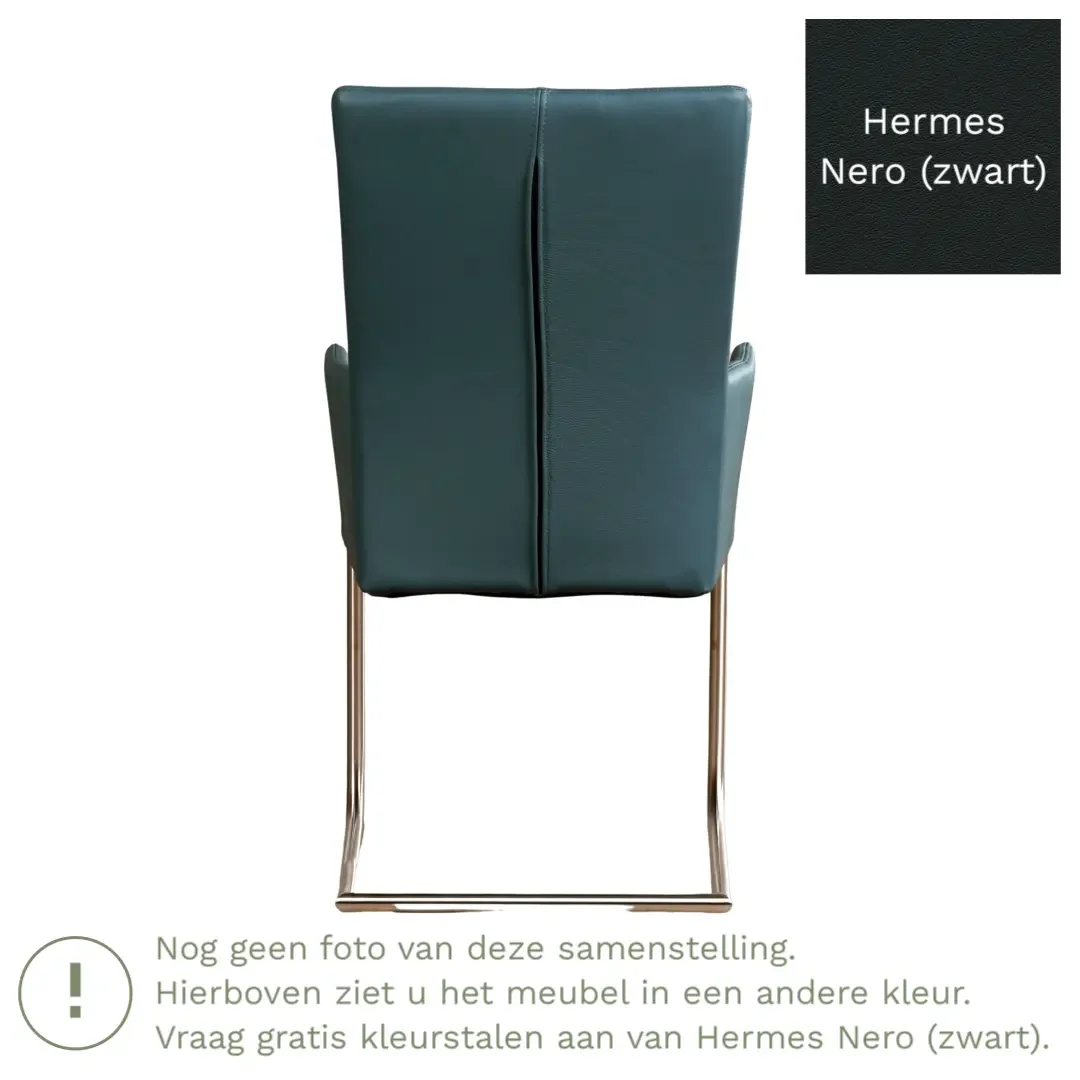 afbeelding van Leren eetkamerstoel Dry met armleuning - Hermes Nero (zwart) - Sledepoot staal rond zwart
