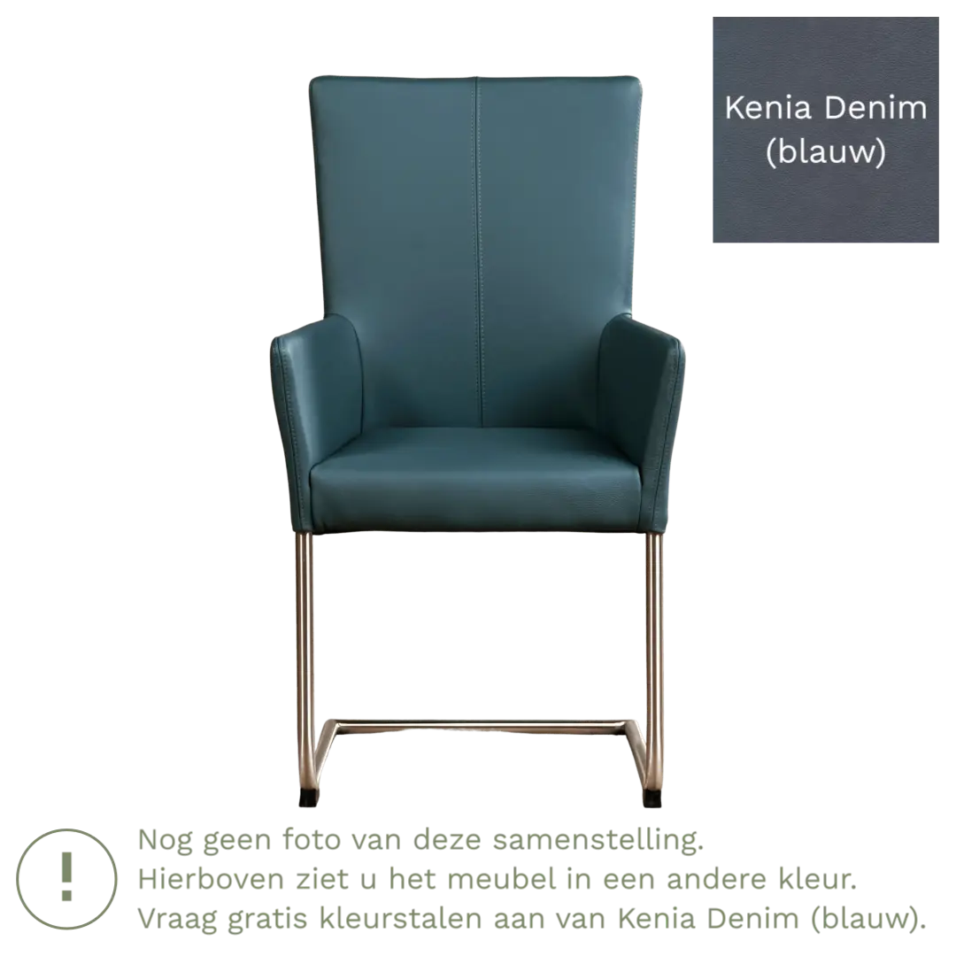 afbeelding van Leren eetkamerstoel Dry met armleuning - Kenia Denim (blauw) - Sledepoot staal rond RVS