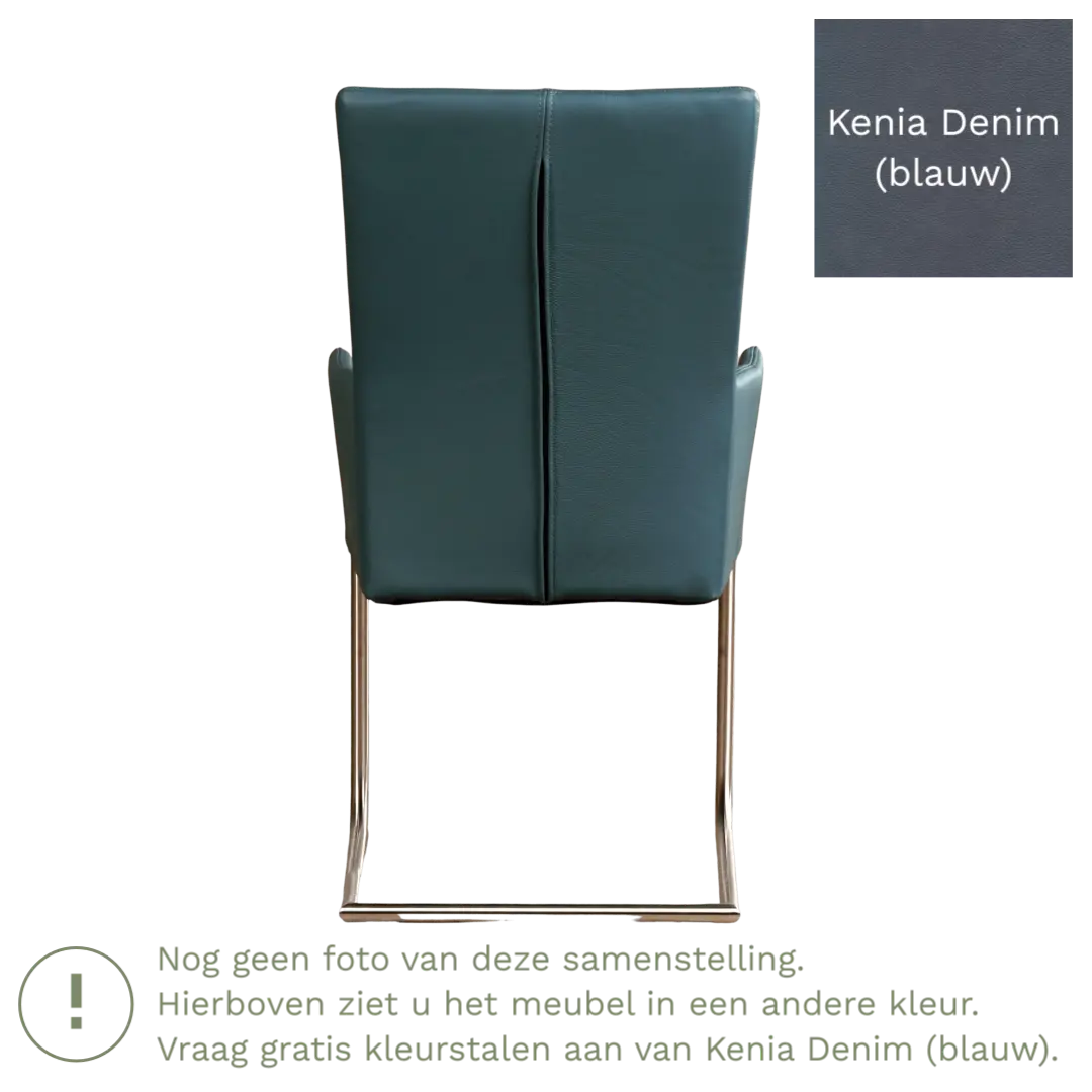 afbeelding van Leren eetkamerstoel Dry met armleuning - Kenia Denim (blauw) - Sledepoot staal rond RVS