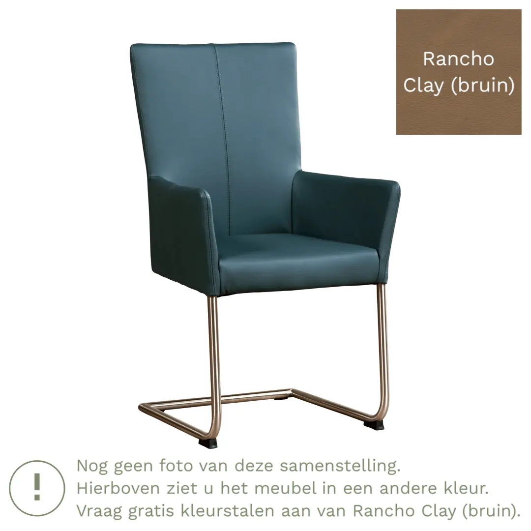 afbeelding van Leren eetkamerstoel Dry met armleuning - Rancho Clay (bruin) - Sledepoot staal rond RVS