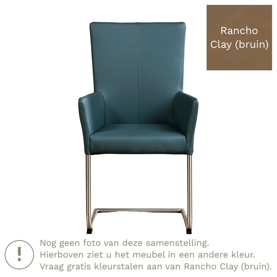 afbeelding van Leren eetkamerstoel Dry met armleuning - Rancho Clay (bruin) - Sledepoot staal rond RVS