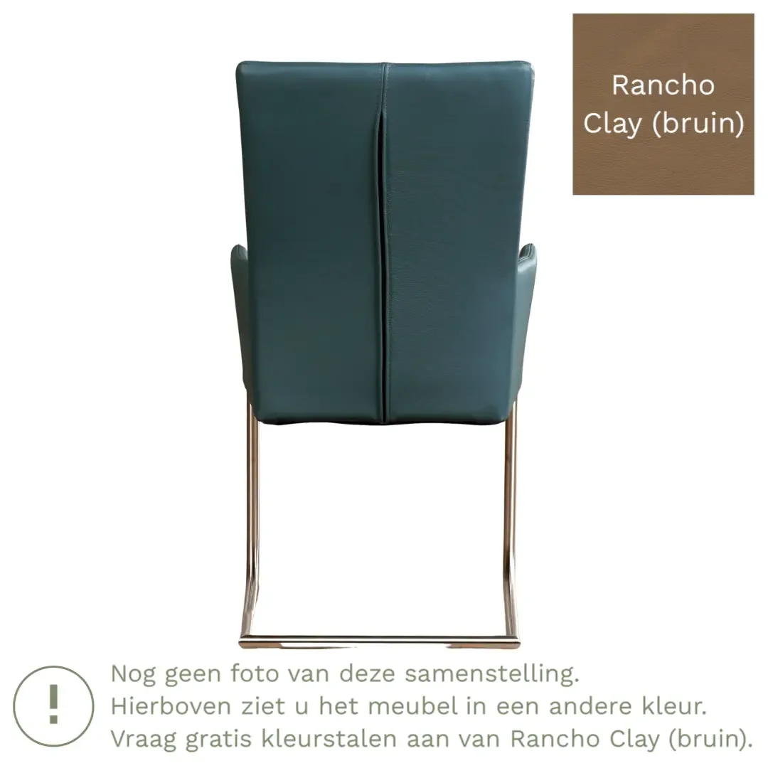 afbeelding van Leren eetkamerstoel Dry met armleuning - Rancho Clay (bruin) - Sledepoot staal rond RVS