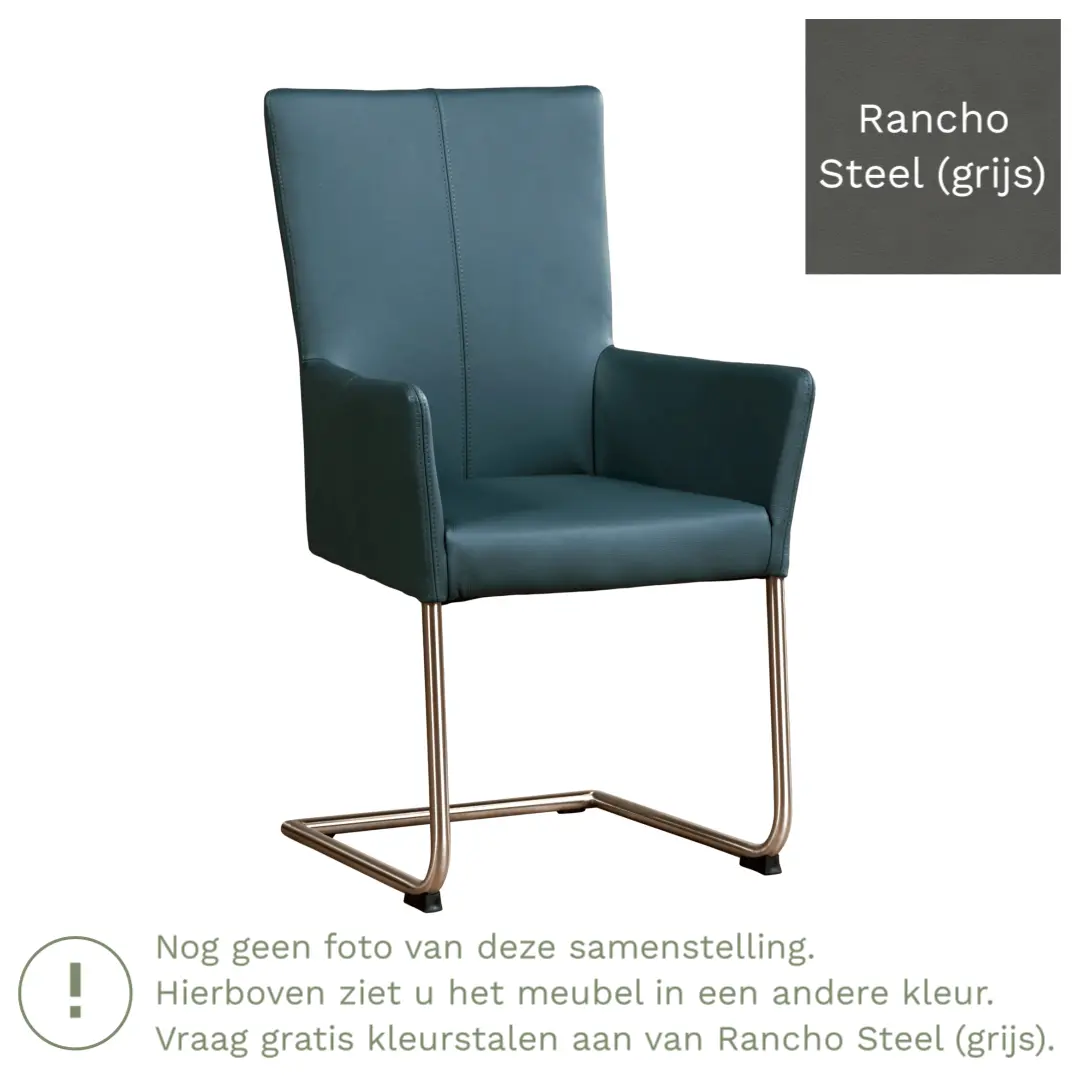 afbeelding van Leren eetkamerstoel Dry met armleuning - Rancho Steel (grijs) - Sledepoot staal rond RVS