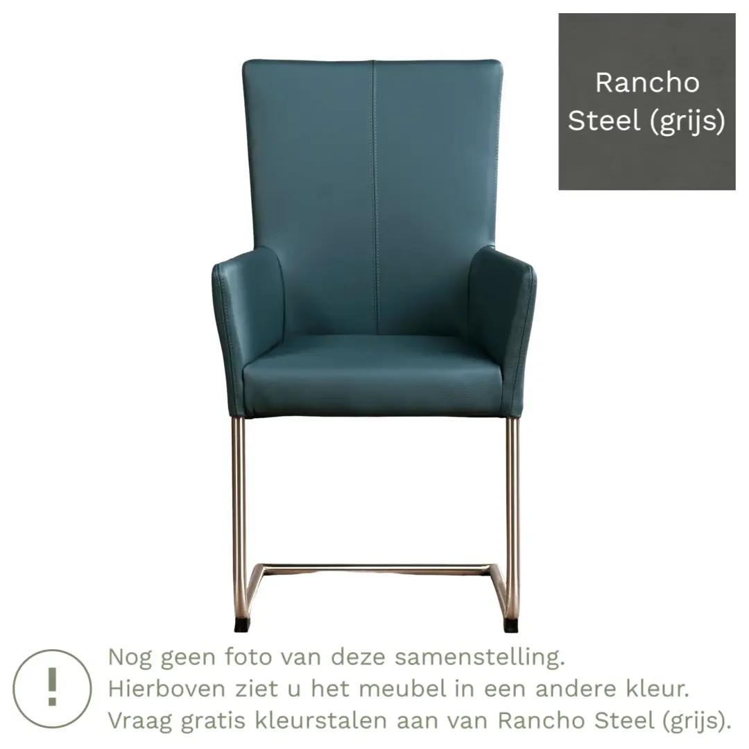 afbeelding van Leren eetkamerstoel Dry met armleuning - Rancho Steel (grijs) - Sledepoot staal rond RVS