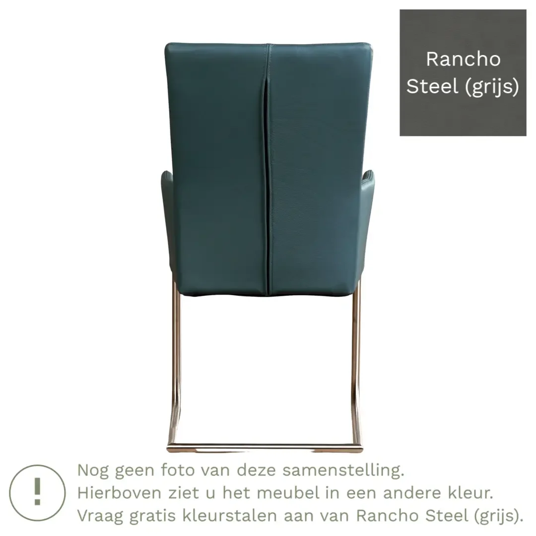 afbeelding van Leren eetkamerstoel Dry met armleuning - Rancho Steel (grijs) - Sledepoot staal rond RVS