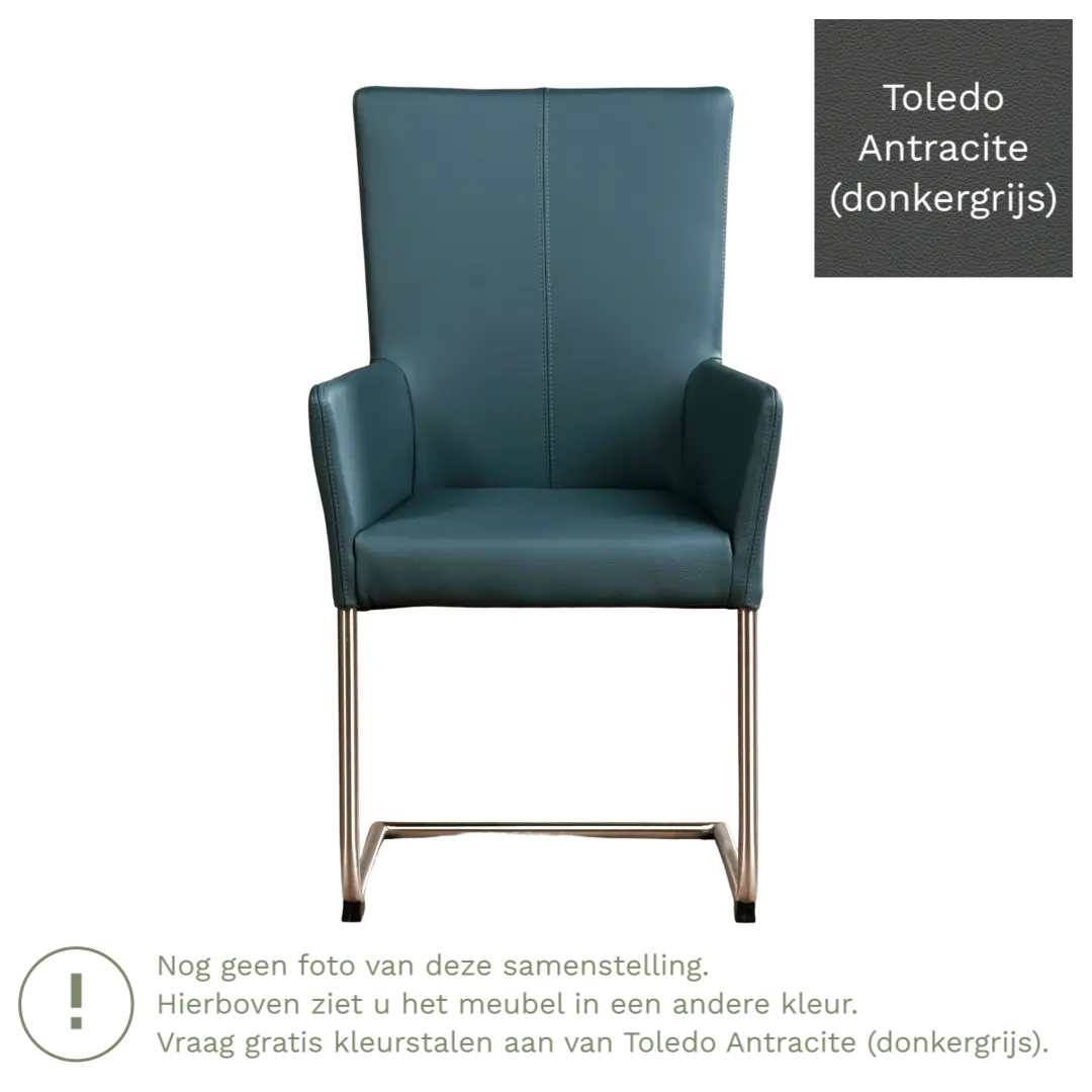 afbeelding van Leren eetkamerstoel Dry met armleuning - Toledo Antracite (donkergrijs) - Sledepoot staal rond RVS
