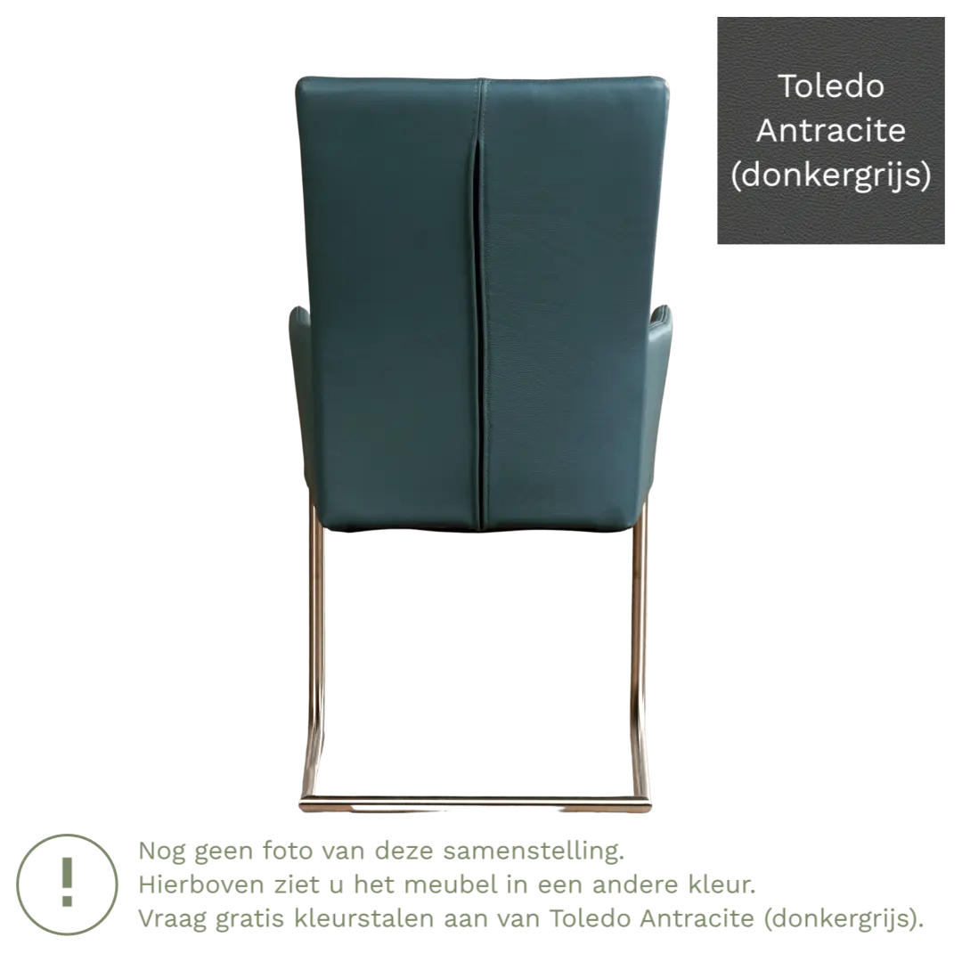 afbeelding van Leren eetkamerstoel Dry met armleuning - Toledo Antracite (donkergrijs) - Sledepoot staal rond RVS