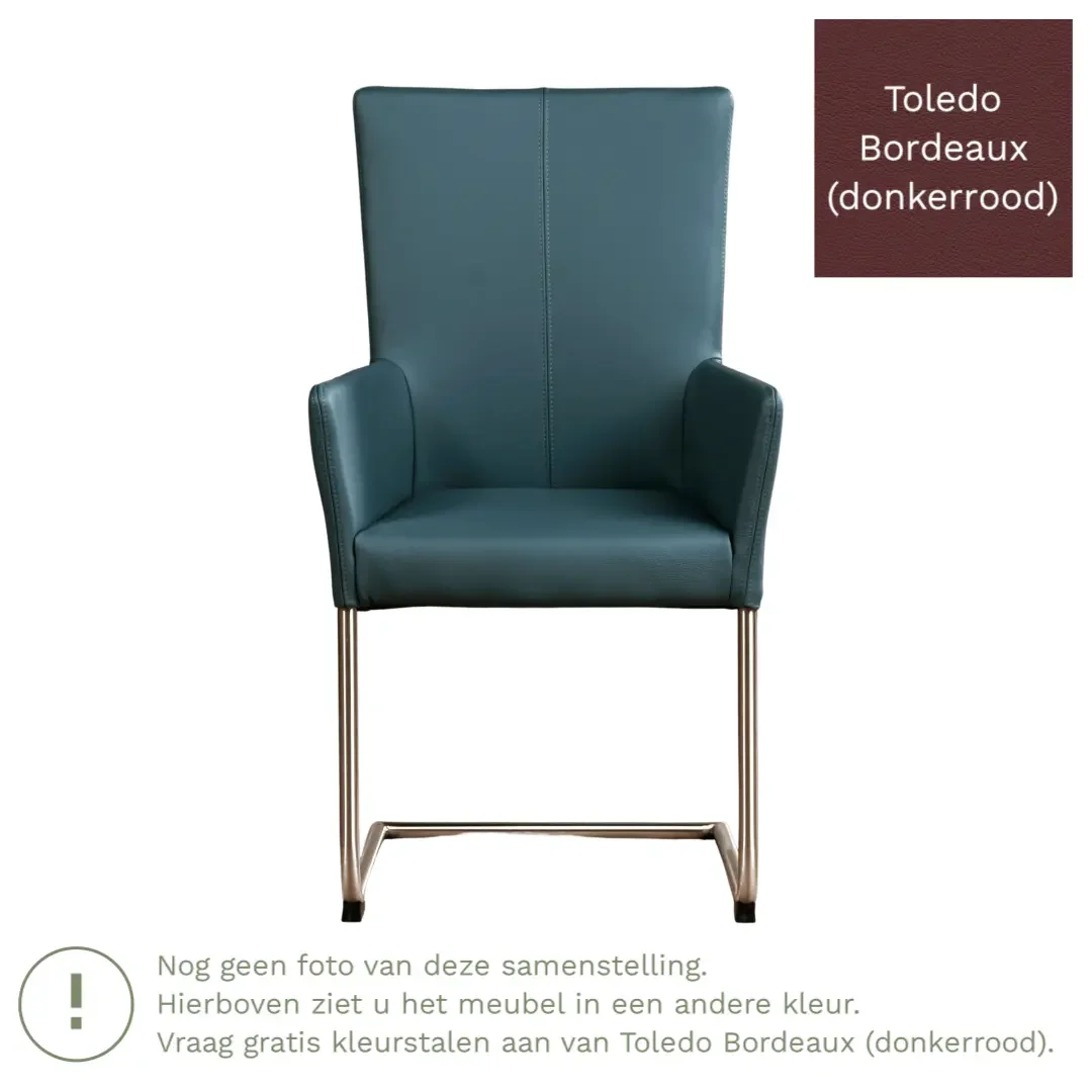 afbeelding van Leren eetkamerstoel Dry met armleuning - Toledo Bordeaux (donkerrood) - Sledepoot staal rond RVS