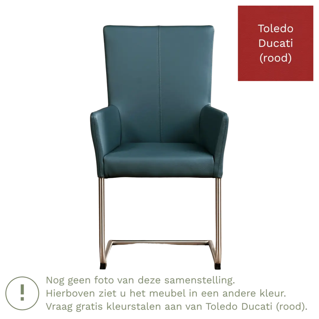 afbeelding van Leren eetkamerstoel Dry met armleuning - Toledo Ducati (rood) - Sledepoot staal rond RVS