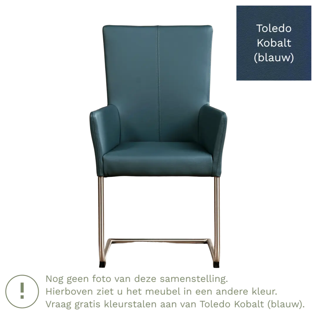 afbeelding van Leren eetkamerstoel Dry met armleuning - Toledo Kobalt (blauw) - Sledepoot staal rond zwart