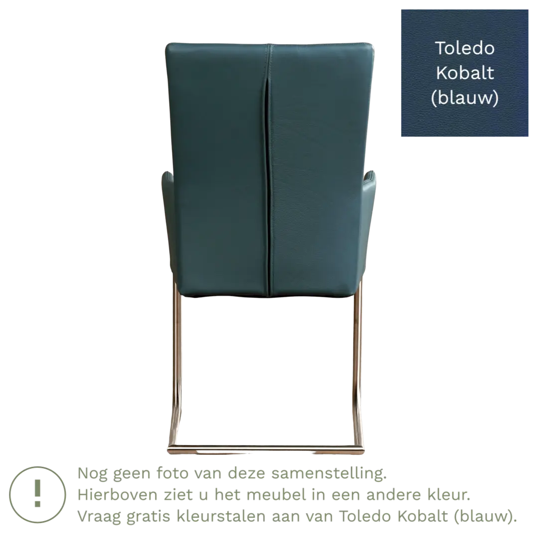 afbeelding van Leren eetkamerstoel Dry met armleuning - Toledo Kobalt (blauw) - Sledepoot staal rond zwart