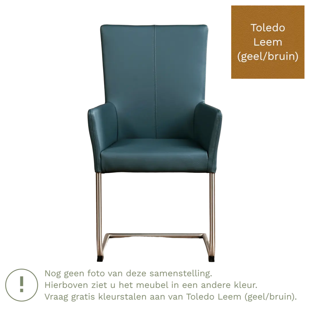 afbeelding van Leren eetkamerstoel Dry met armleuning - Toledo Leem (geel/bruin) - Sledepoot staal rond RVS