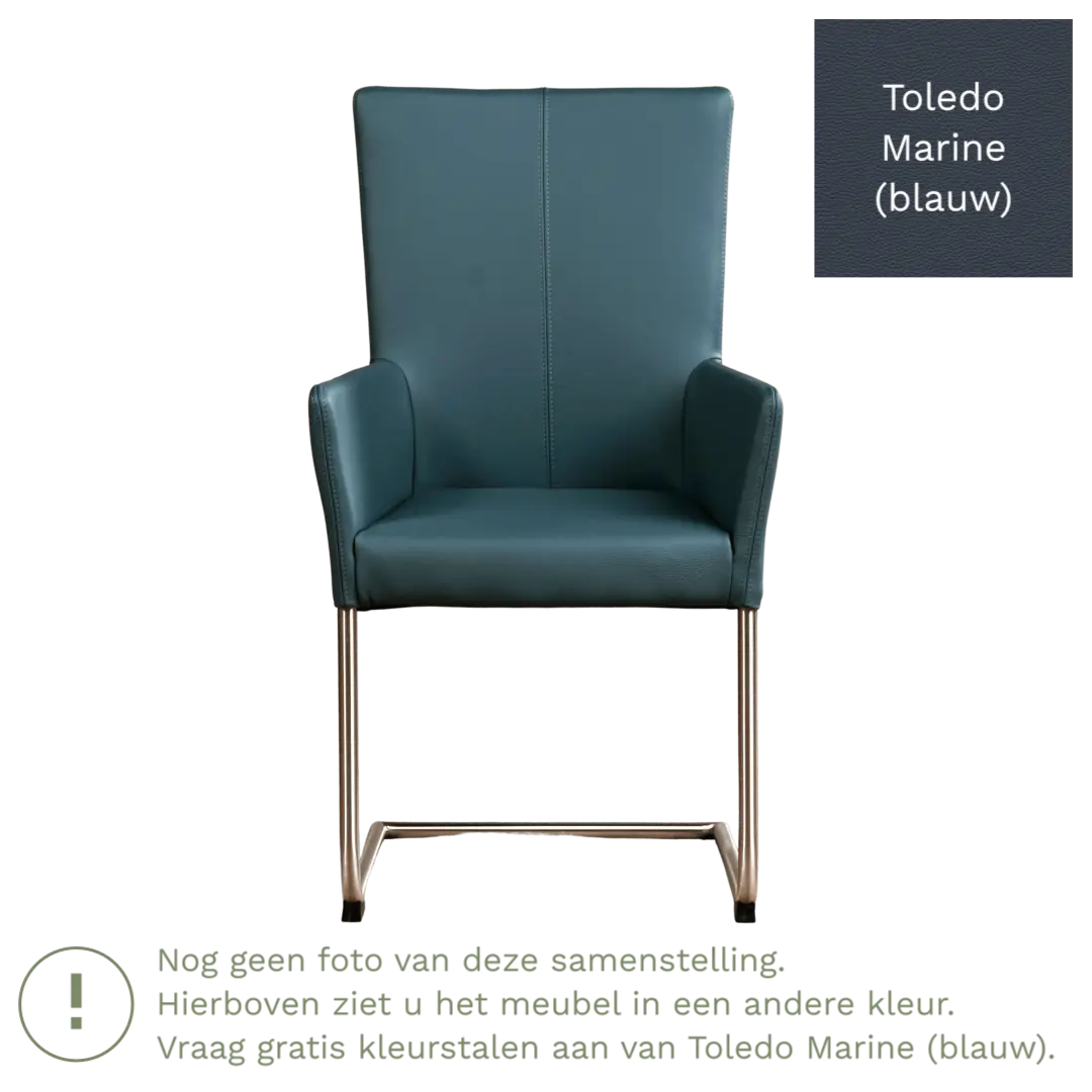 afbeelding van Leren eetkamerstoel Dry met armleuning - Toledo Marine (blauw) - Sledepoot staal rond RVS