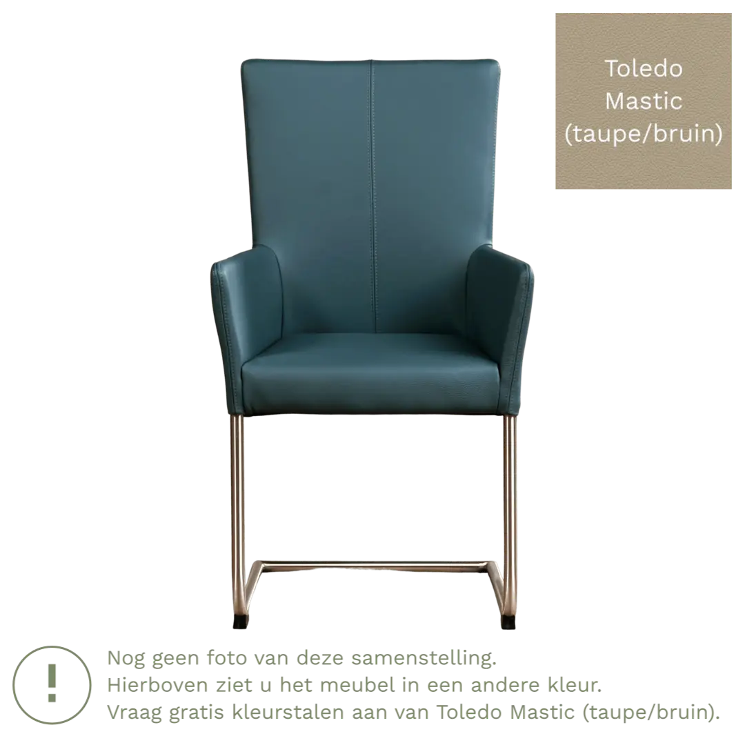 afbeelding van Leren eetkamerstoel Dry met armleuning - Toledo Mastic (taupe/bruin) - Sledepoot staal rond RVS