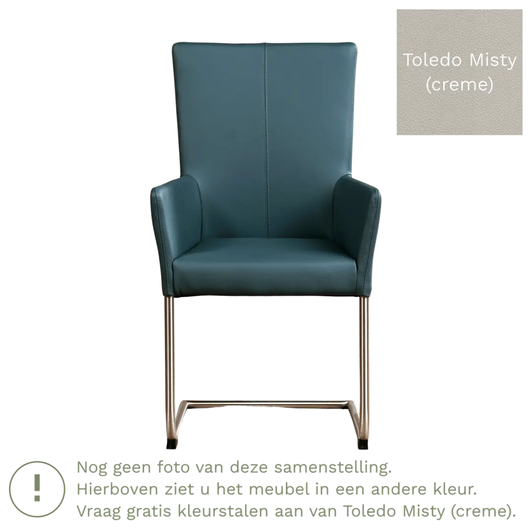afbeelding van Leren eetkamerstoel Dry met armleuning - Toledo Misty (crème) - Sledepoot staal rond RVS