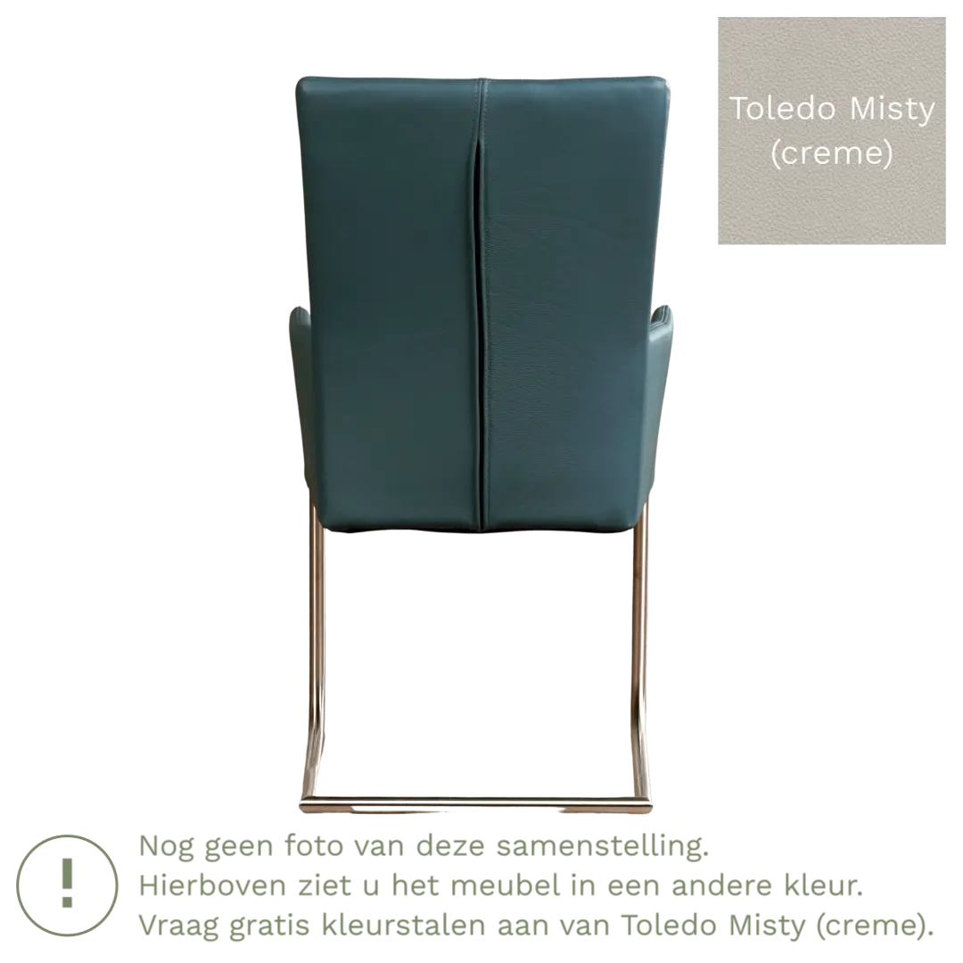 afbeelding van Leren eetkamerstoel Dry met armleuning - Toledo Misty (crème) - Sledepoot staal rond RVS