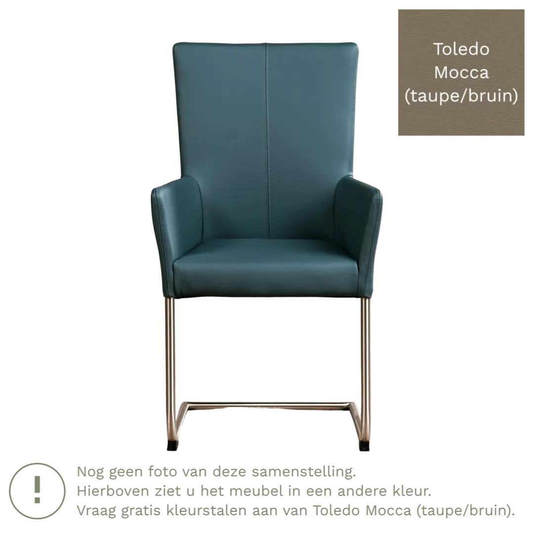 afbeelding van Leren eetkamerstoel Dry met armleuning - Toledo Mocca (taupe/bruin) - Sledepoot staal rond zwart