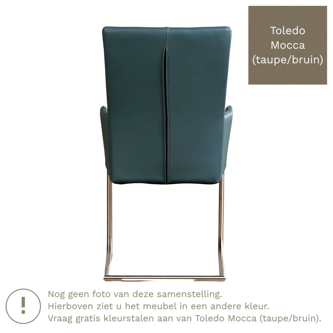 afbeelding van Leren eetkamerstoel Dry met armleuning - Toledo Mocca (taupe/bruin) - Sledepoot staal rond zwart