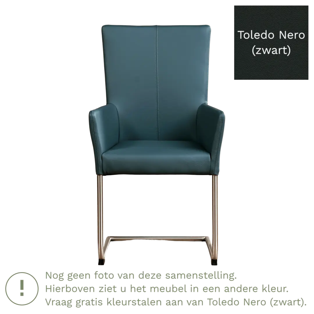 afbeelding van Leren eetkamerstoel Dry met armleuning - Toledo Nero (zwart) - Sledepoot staal rond zwart