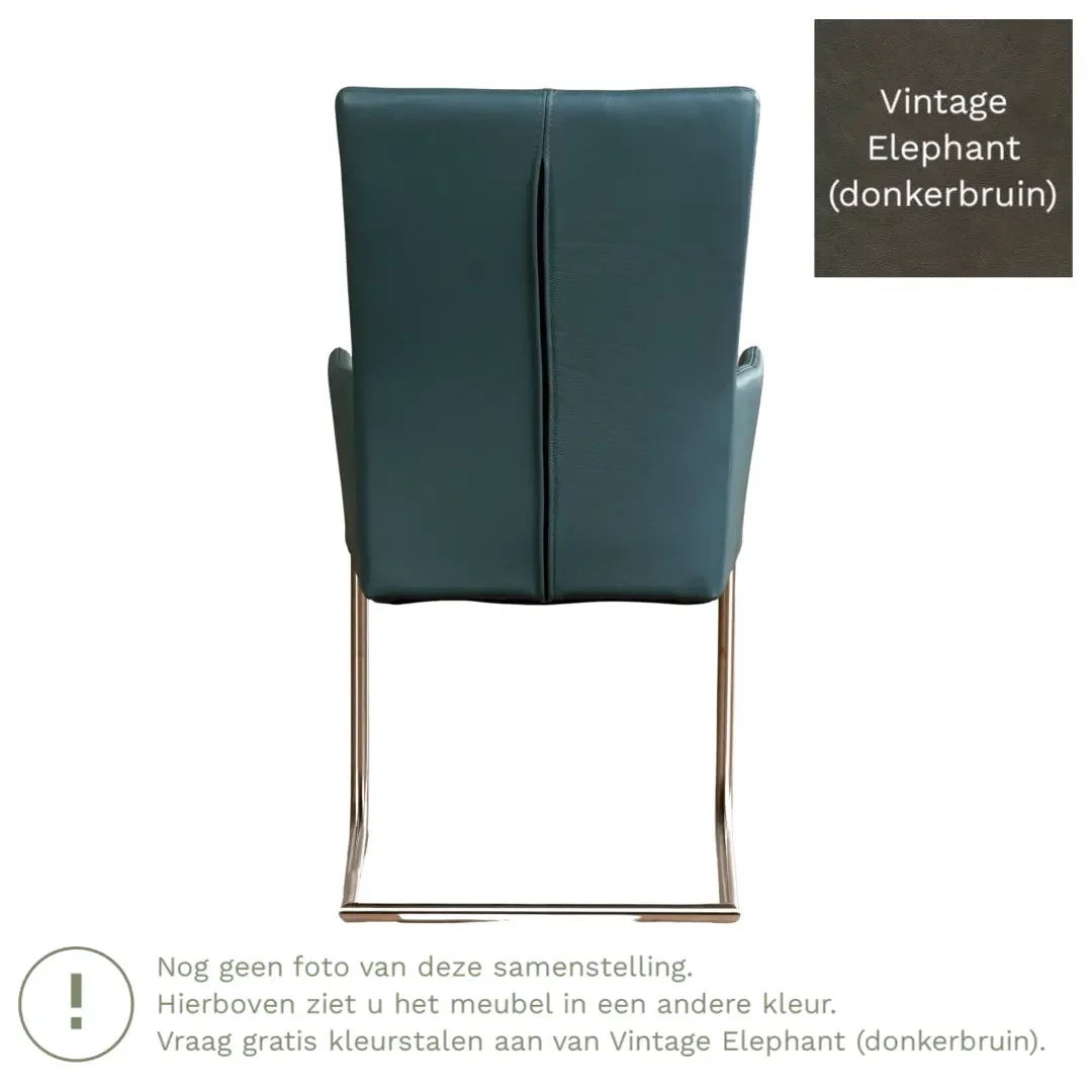 afbeelding van Leren eetkamerstoel Dry met armleuning - Vintage Elephant (donkerbruin) - Sledepoot staal rond RVS