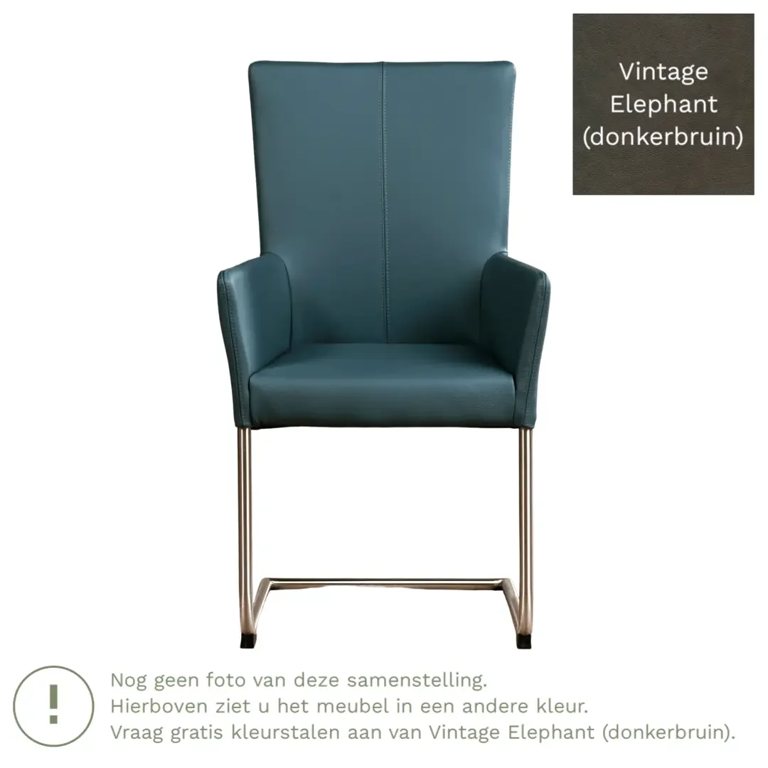 afbeelding van Leren eetkamerstoel Dry met armleuning - Vintage Elephant (donkerbruin) - Sledepoot staal rond zwart